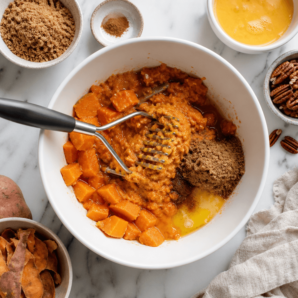 Boiled sweet potatoes being mashed with butter, brown sugar and spices in a mixing bowl
