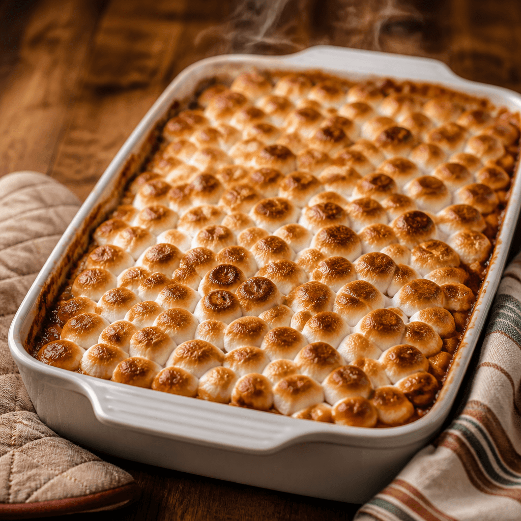 Sweet potato casserole fresh from the oven with puffed golden toasted marshmallows on top