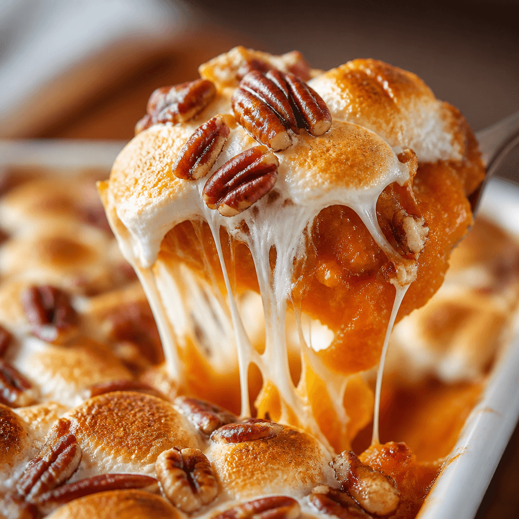 Macro close-up of a spoonful of sweet potato casserole with gooey stretching toasted marshmallow