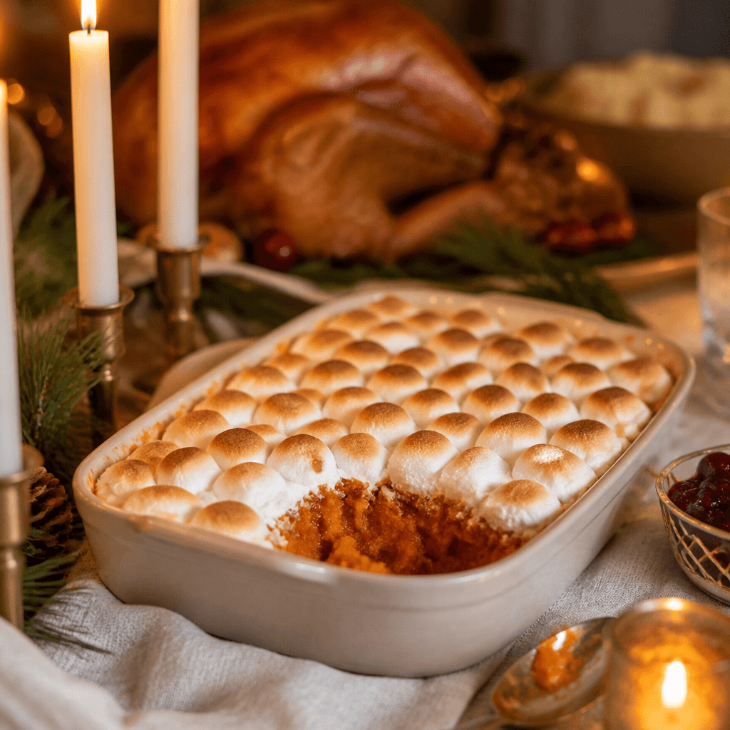 Sweet potato casserole with marshmallows on a festive Thanksgiving table with candles and pine sprigs