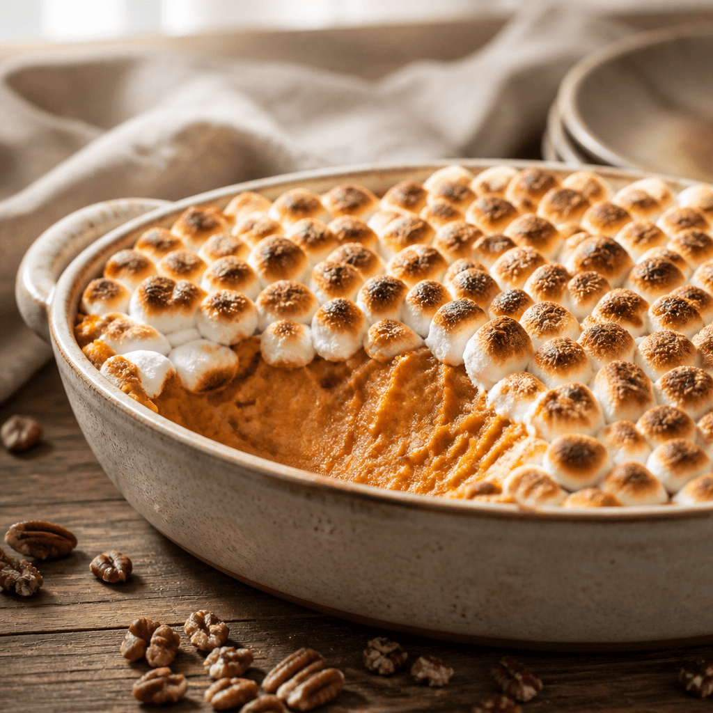 Baked sweet potato casserole in a rustic dish with a scoop removed showing the creamy orange filling