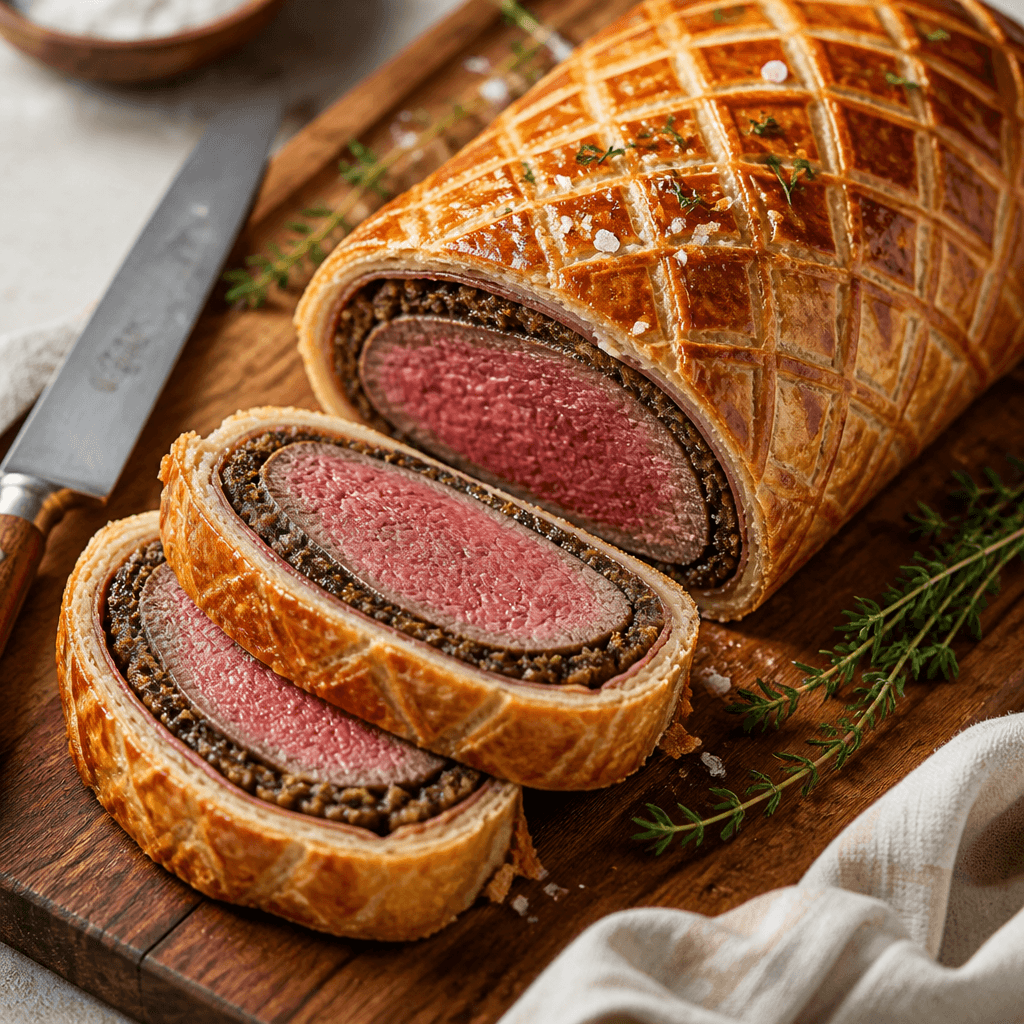 Sliced beef wellington on a wooden board showing pink medium-rare beef and mushroom duxelles
