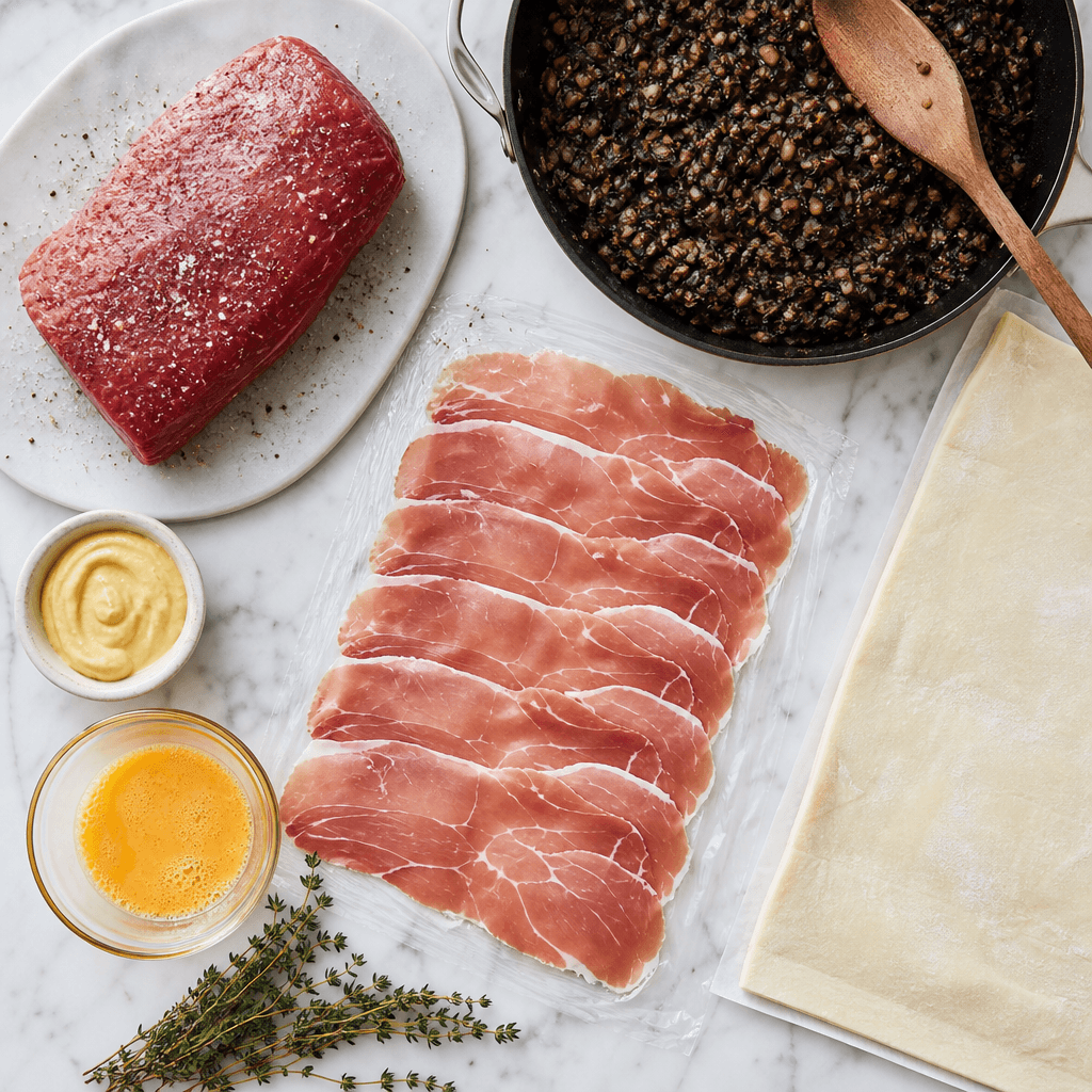 Beef wellington components prepped overhead including tenderloin mushroom duxelles prosciutto and puff pastry
