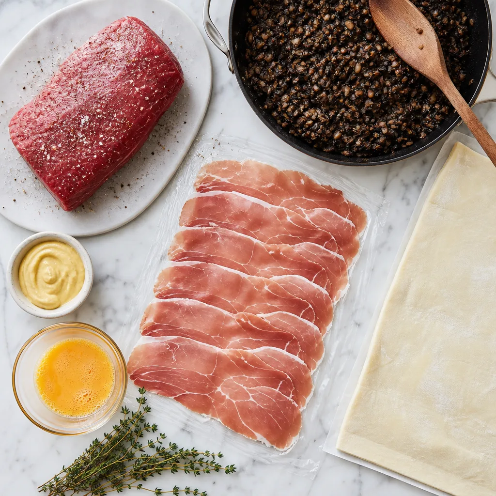 Beef wellington components prepped overhead including tenderloin mushroom duxelles prosciutto and puff pastry