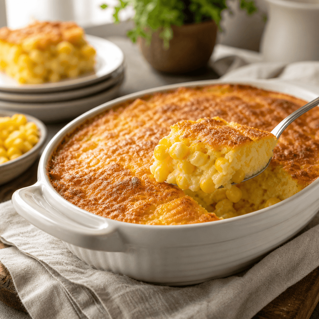 Golden corn casserole in a white serving dish with a scoop lifted on a spoon