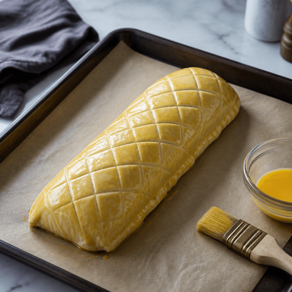 Assembled beef wellington wrapped in scored puff pastry and brushed with egg wash on a baking sheet
