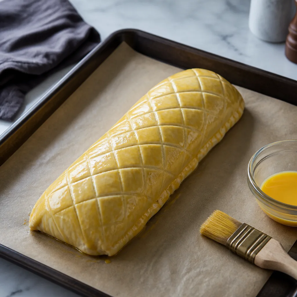 Assembled beef wellington wrapped in scored puff pastry and brushed with egg wash on a baking sheet