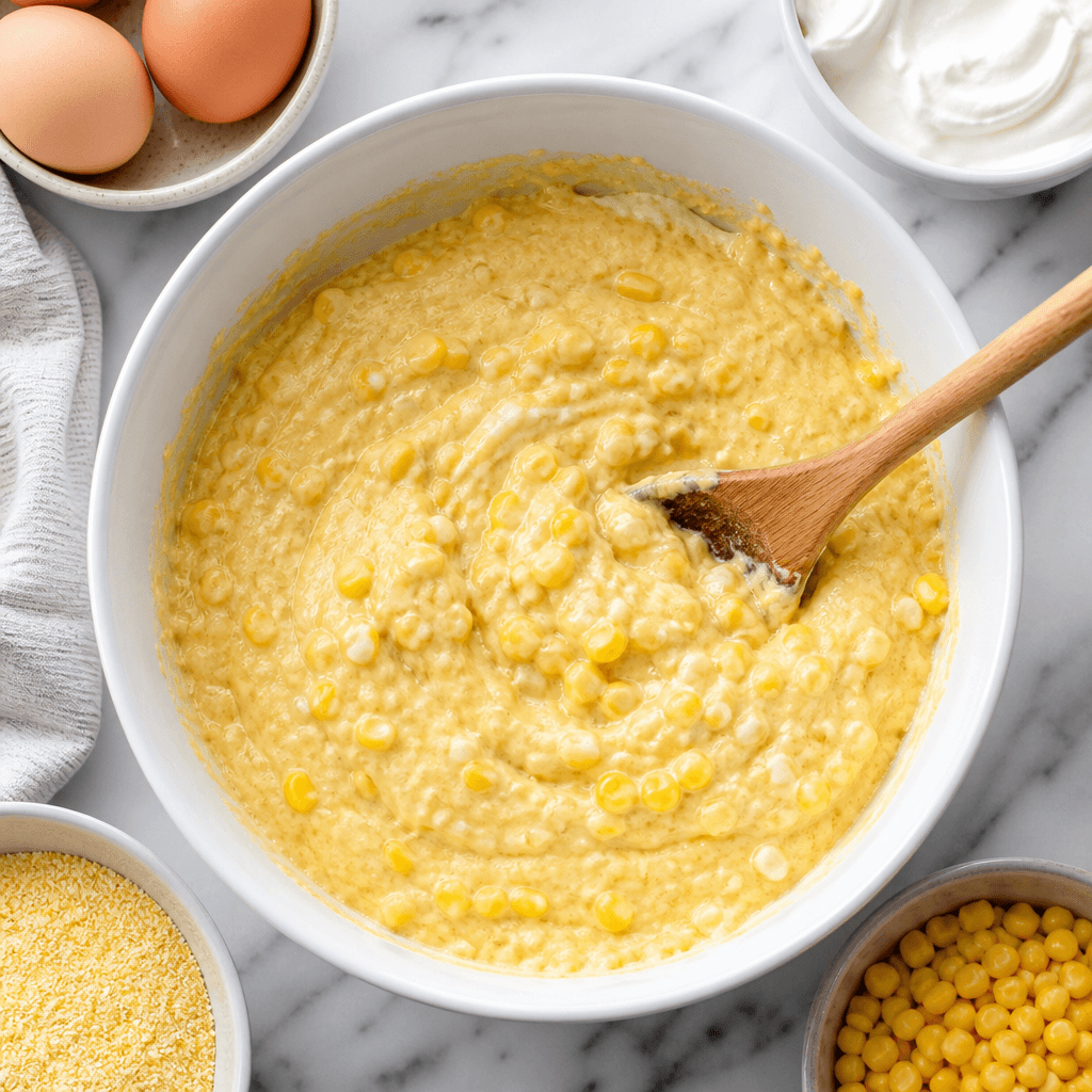 Corn casserole batter with corn kernels being stirred together in a large mixing bowl