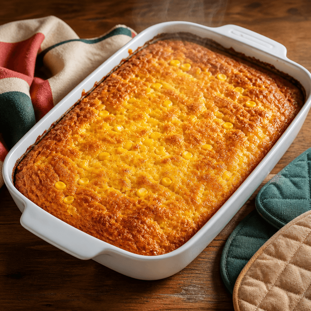 Corn casserole fresh from the oven in a white baking dish with a golden brown top