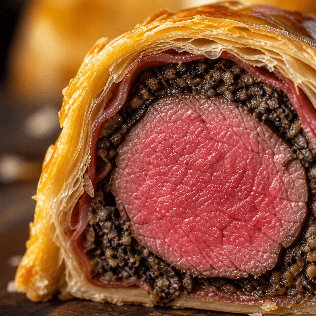 Macro close-up of a beef wellington slice showing flaky pastry layers duxelles and pink beef centre