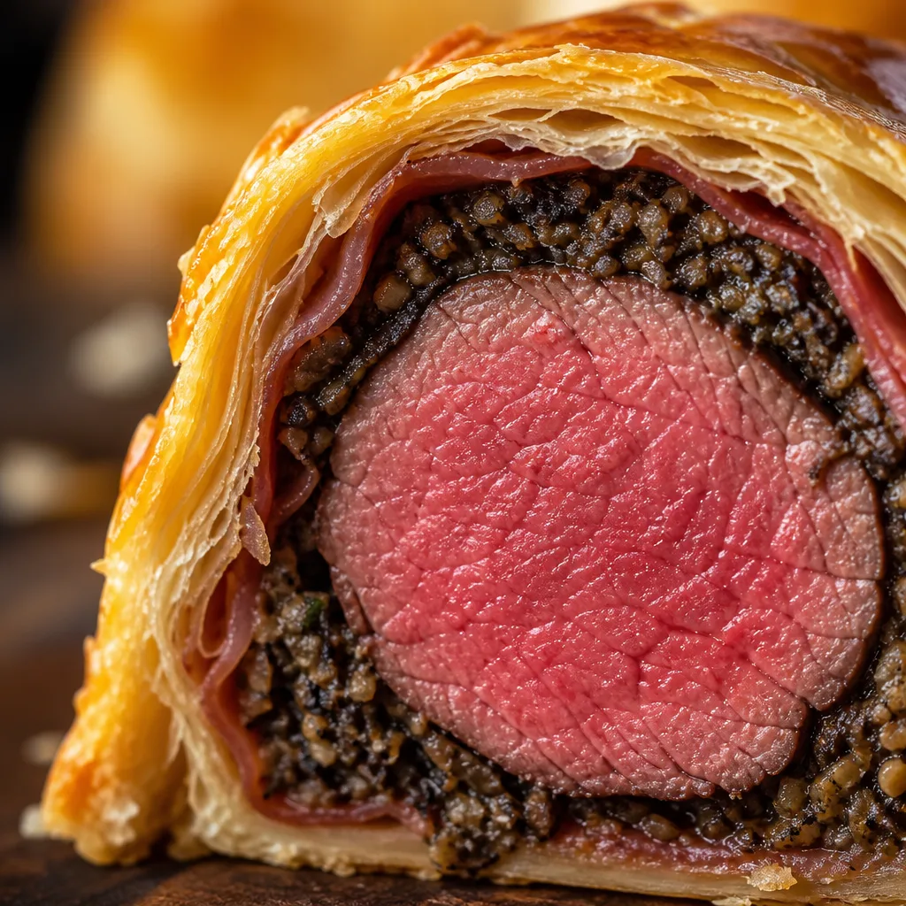 Macro close-up of a beef wellington slice showing flaky pastry layers duxelles and pink beef centre