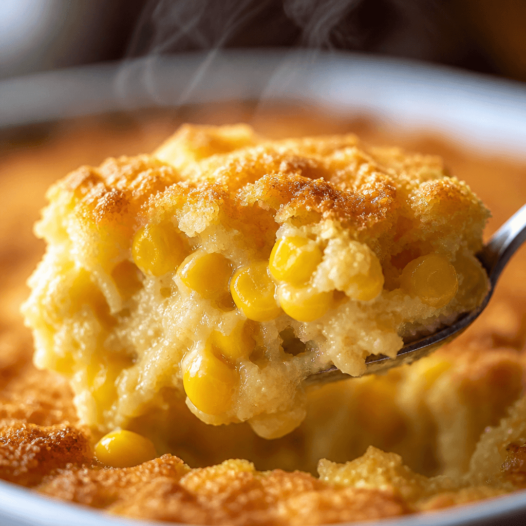 Macro close-up of a spoonful of corn casserole showing the custardy interior and corn kernels