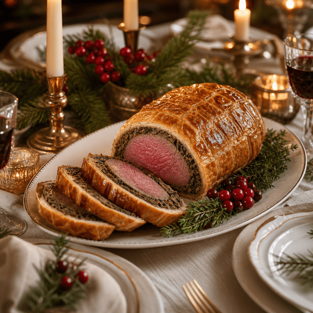 Beef wellington as a holiday table centerpiece with candles pine sprigs and festive place settings