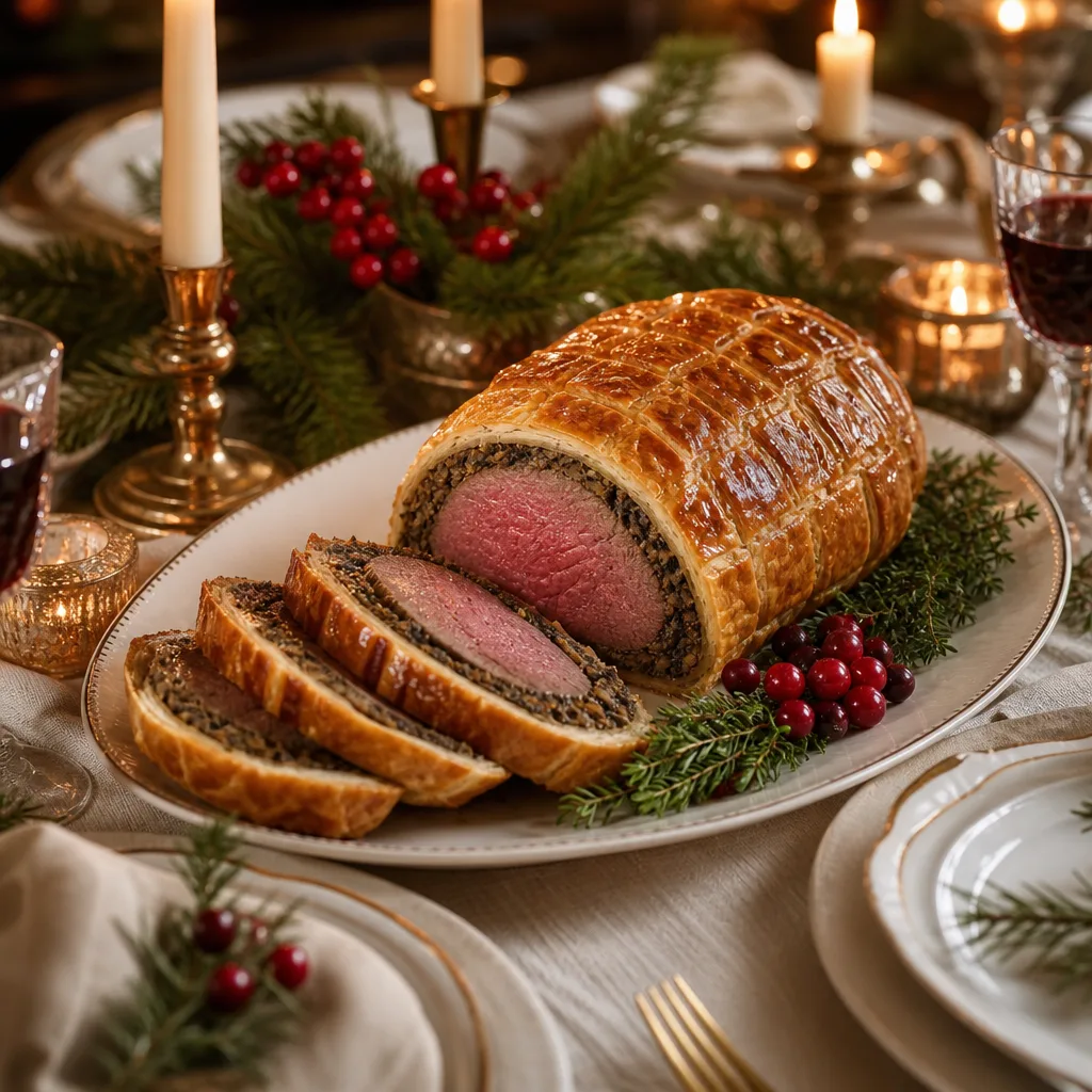 Beef wellington as a holiday table centerpiece with candles pine sprigs and festive place settings