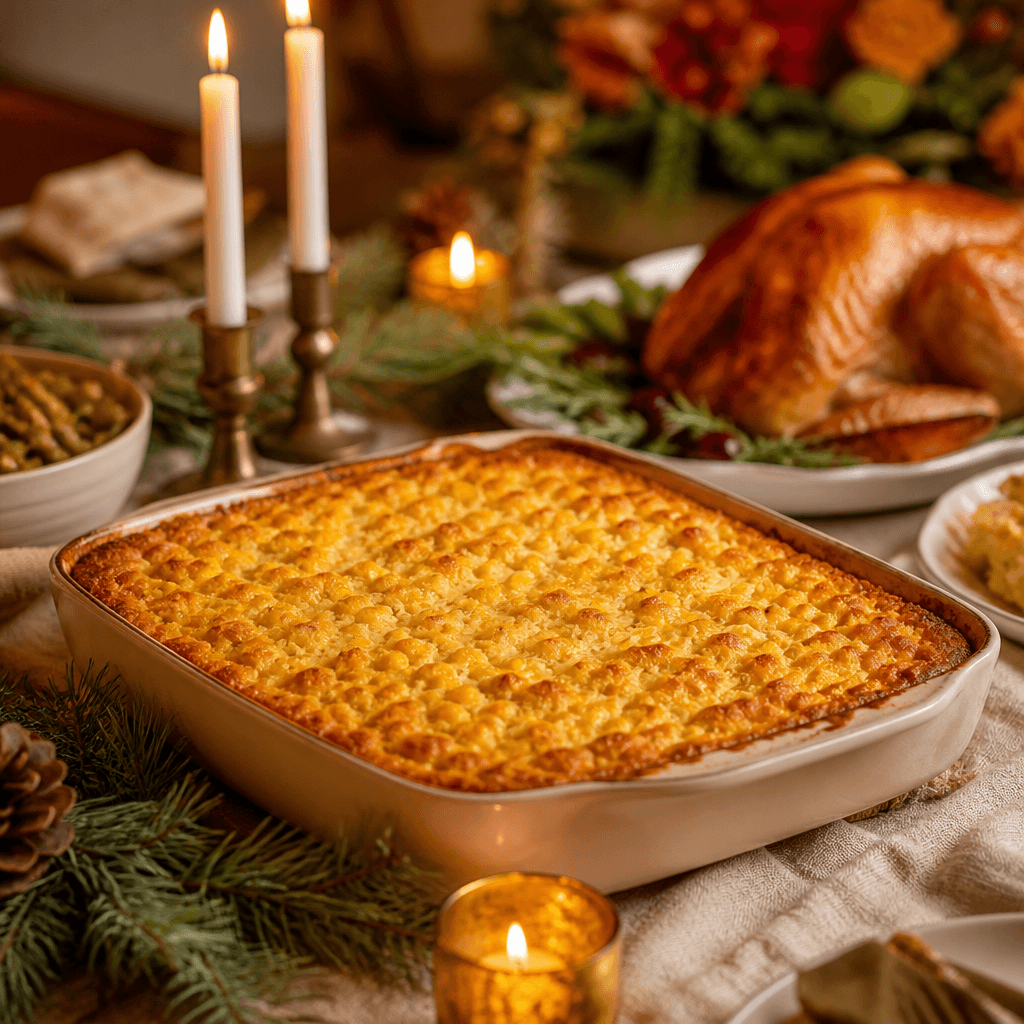 Corn casserole on a festive Thanksgiving table with candles and pine sprigs