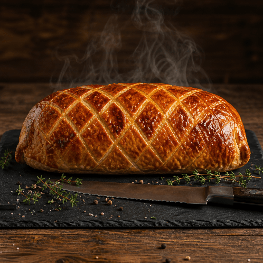 Whole baked beef wellington with golden scored puff pastry resting on a slate board
