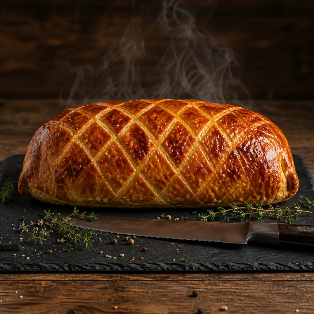 Whole baked beef wellington with golden scored puff pastry resting on a slate board