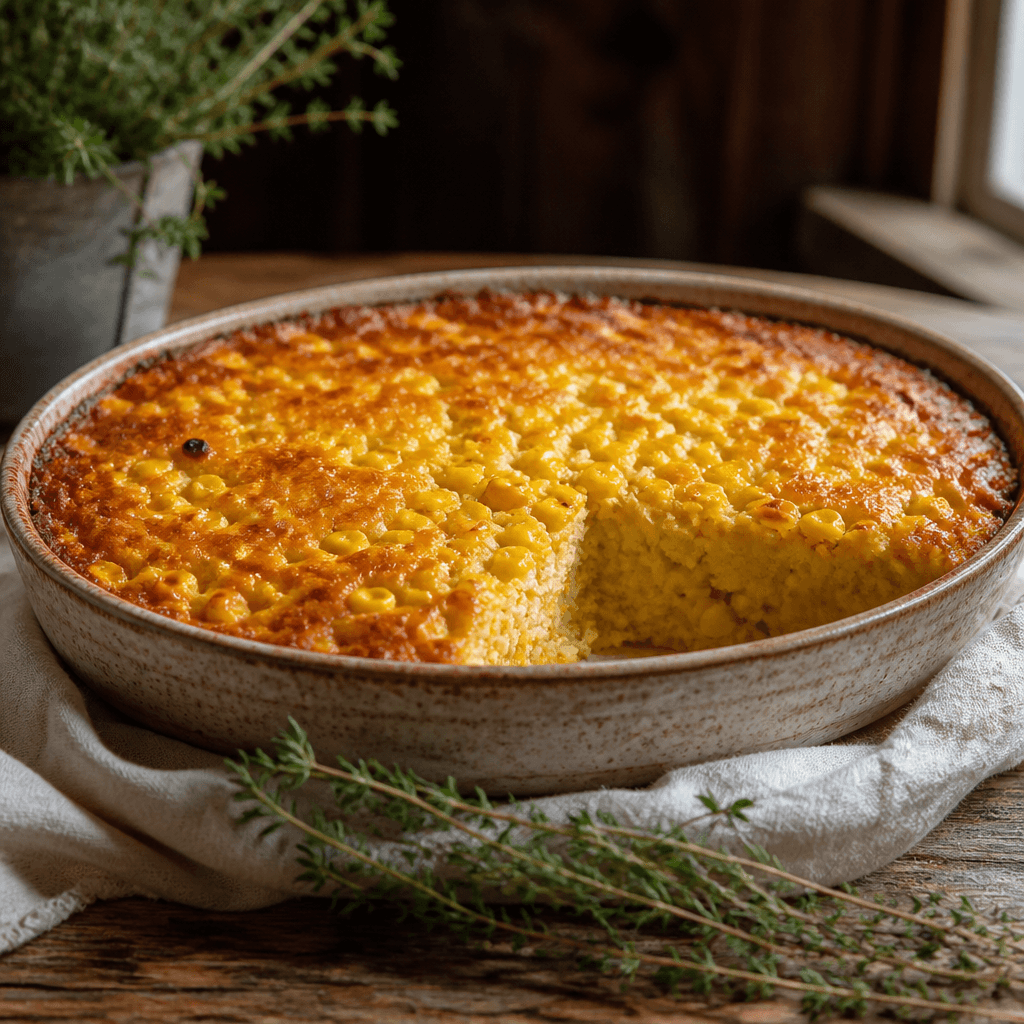 Baked corn casserole in a rustic dish with a scoop removed showing the soft cornbread interior