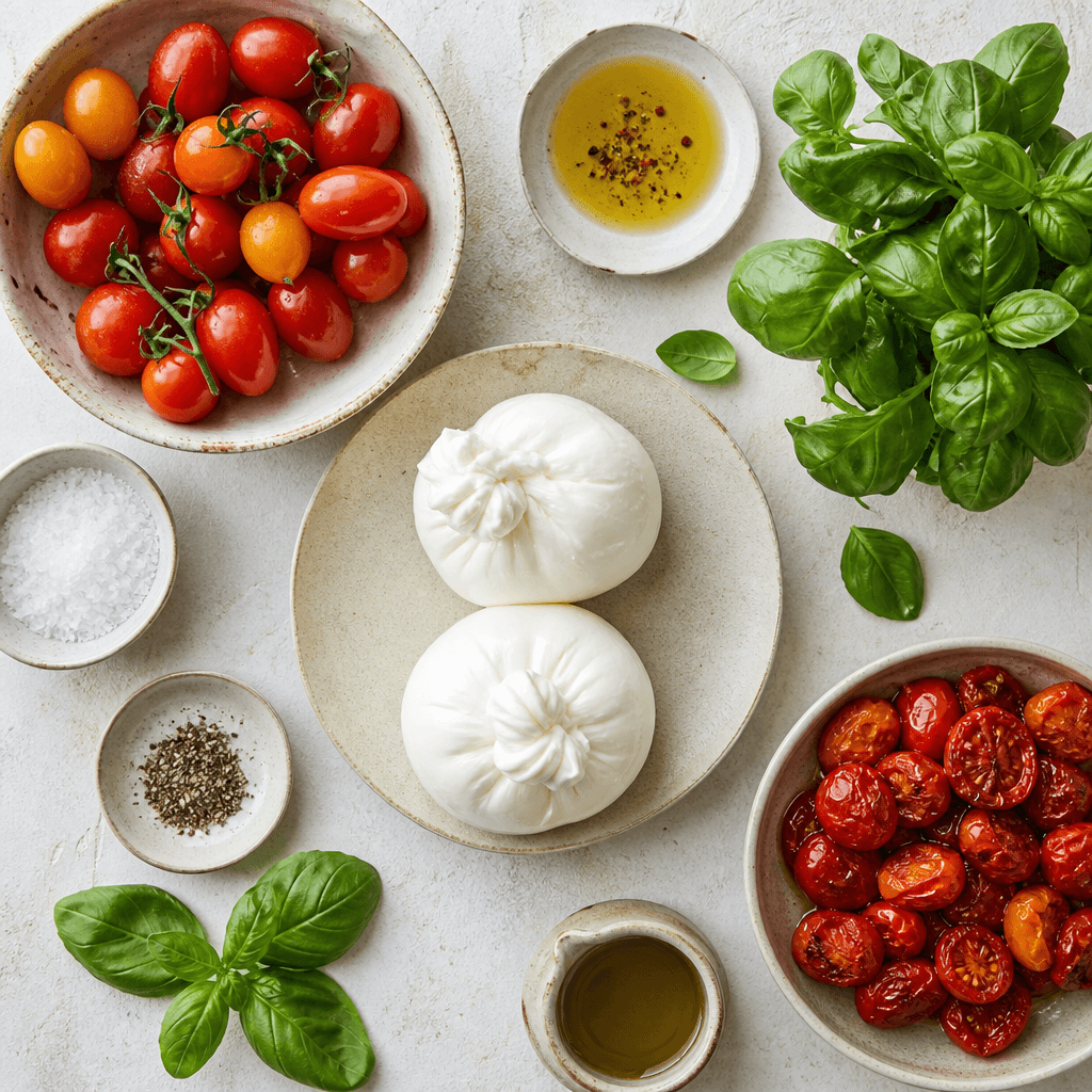 Burrata with Roasted Tomatoes and Fresh Basil ingredients