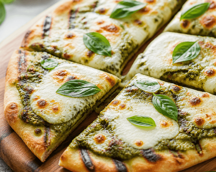 Grilled flatbread with pesto and mozzarella