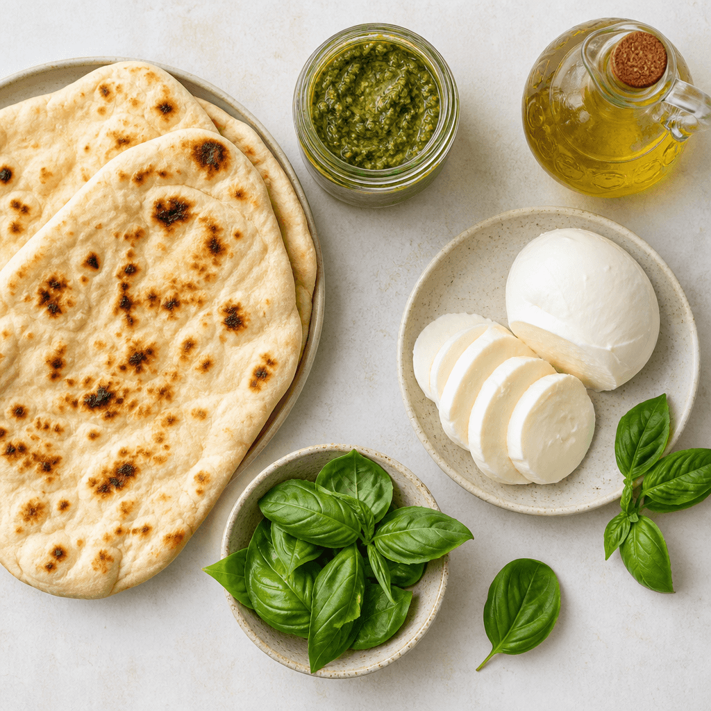 Grilled flatbread with pesto and mozzarella ingredients