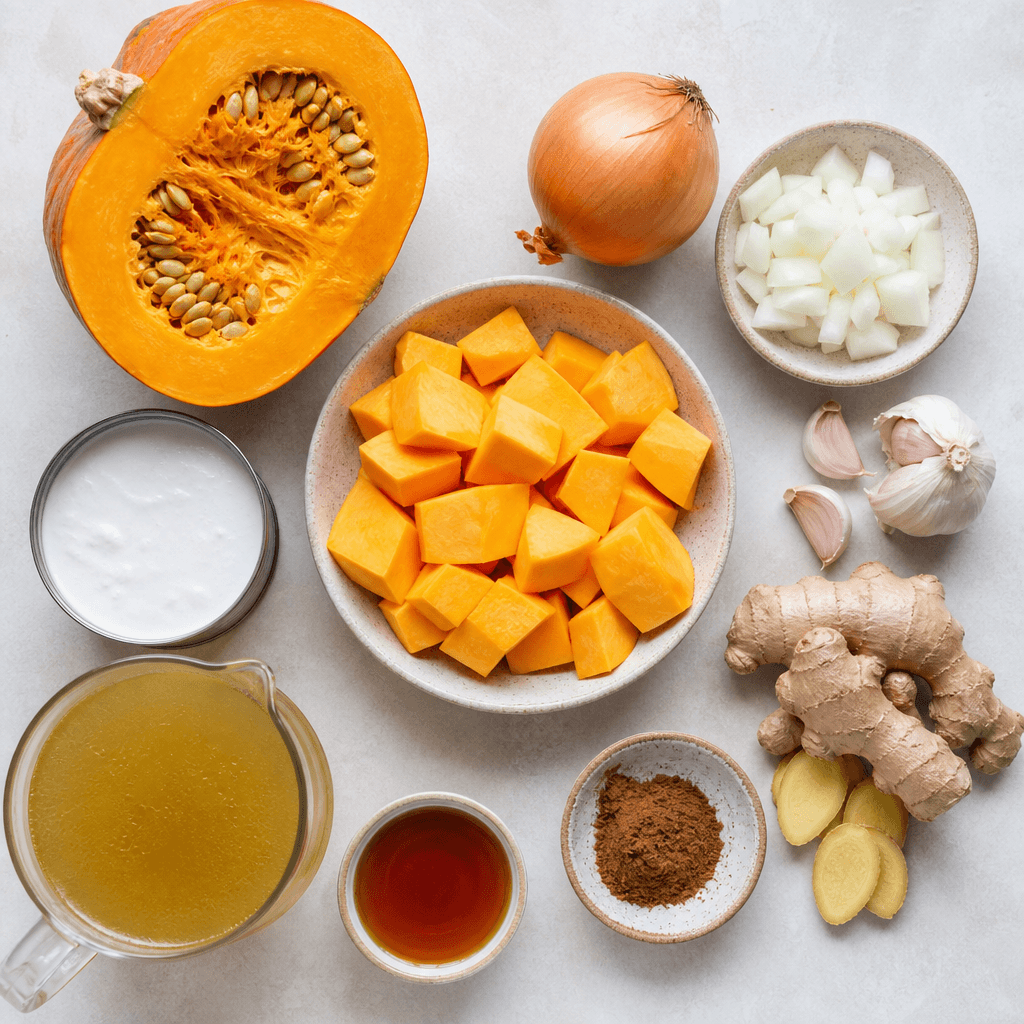 Cozy Gingerbread Spiced Pumpkin Soup Recipe for Fall ingredients