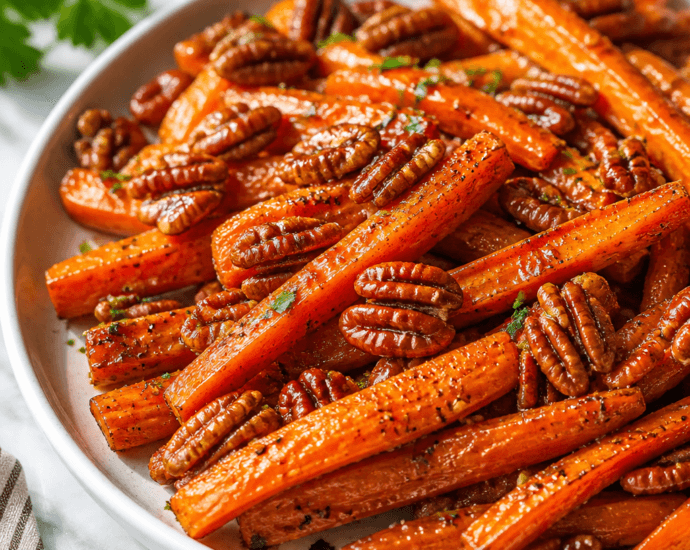 Maple Roasted Carrots with Sweet Candied Pecans