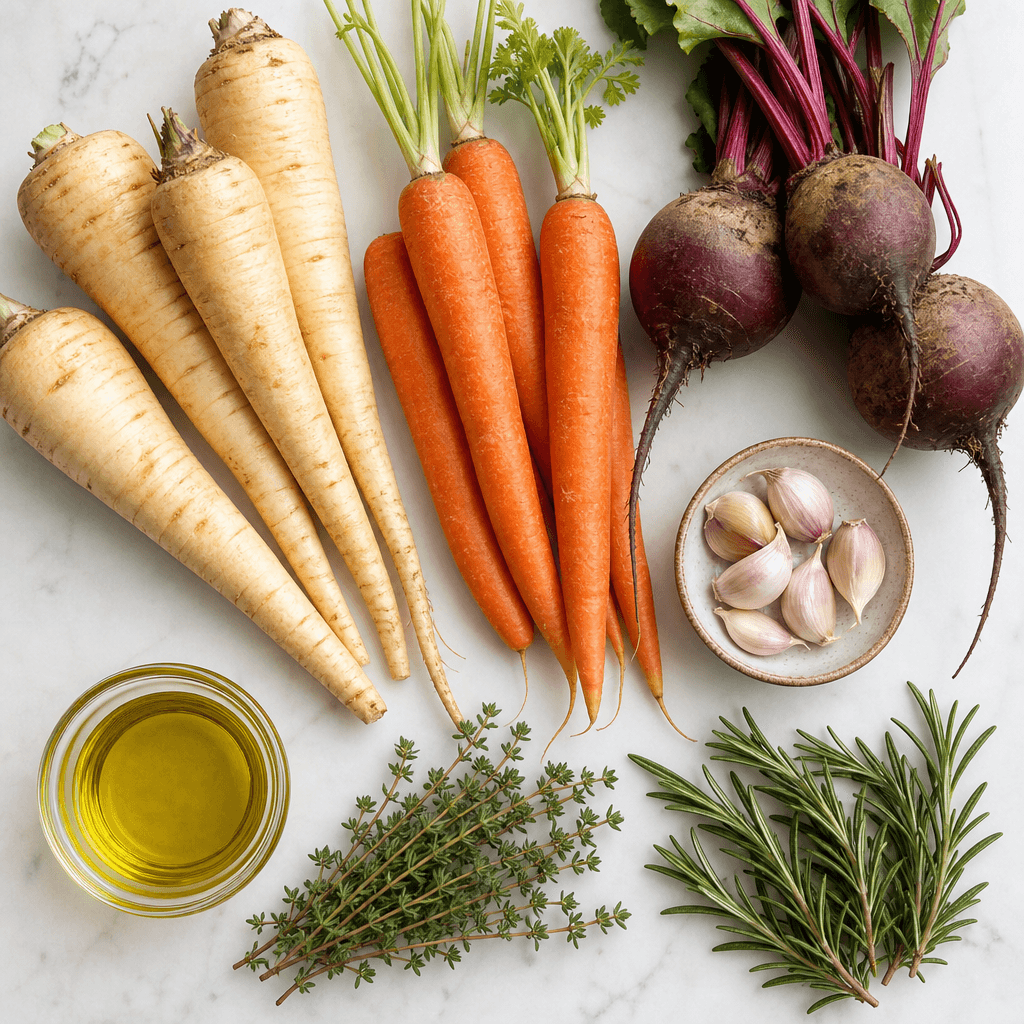 Colorful Roasted Root Vegetables (Parsnips, Carrots and Beets) ingredients