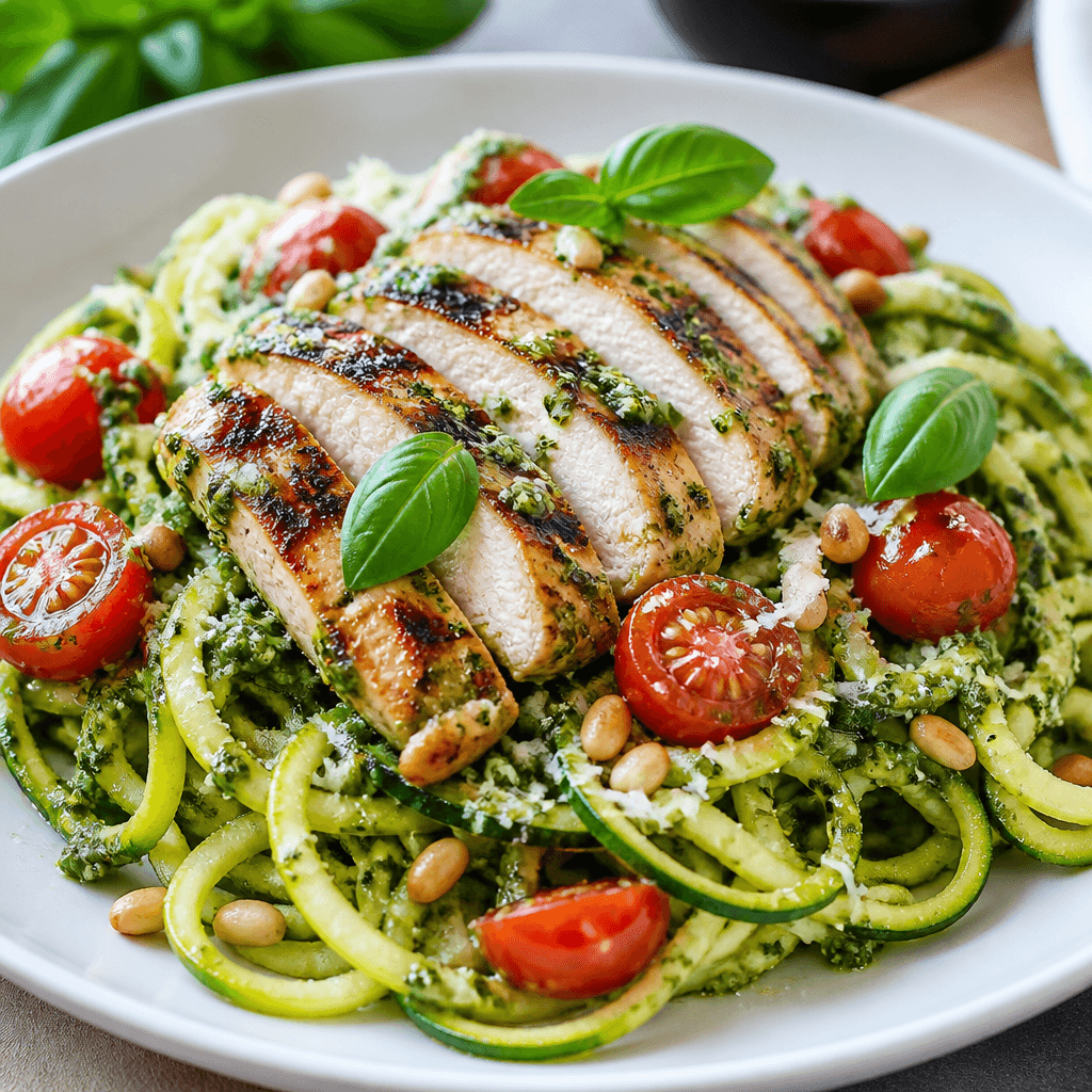 Zucchini Noodles with Pesto and Grilled Chicken