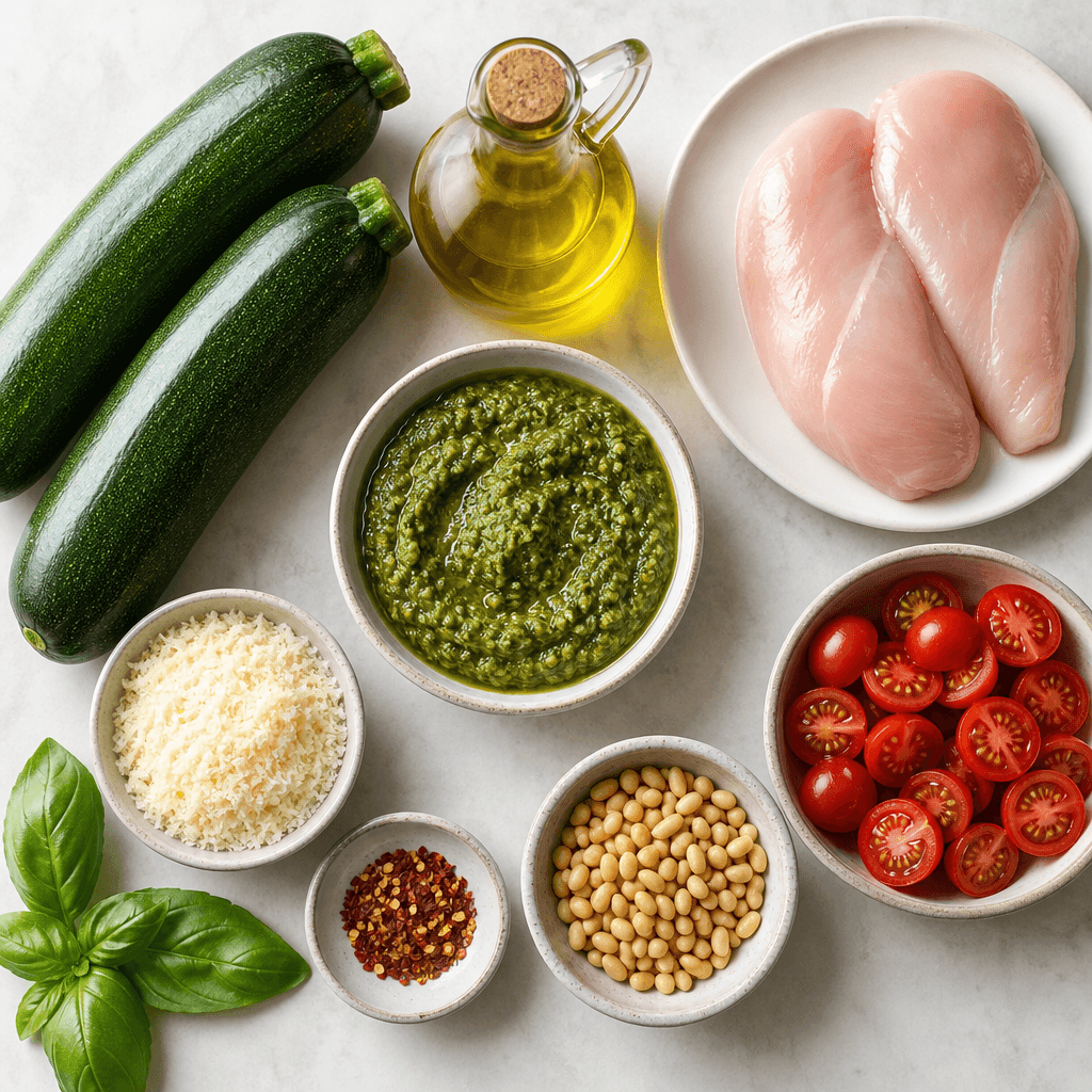 Zucchini Noodles with Pesto and Grilled Chicken ingredients