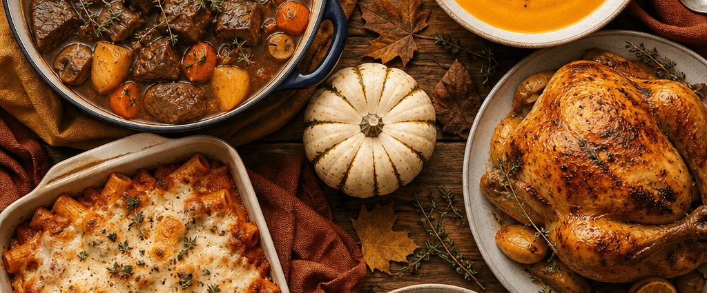 Overhead spread of cozy fall dinner recipes including beef stew, butternut squash soup, and roast chicken