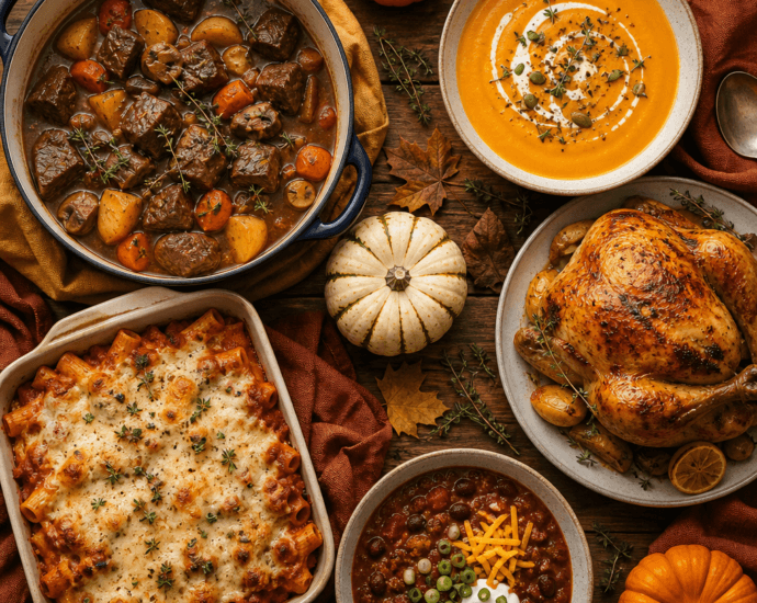 Overhead spread of cozy fall dinner recipes including beef stew, butternut squash soup, and roast chicken