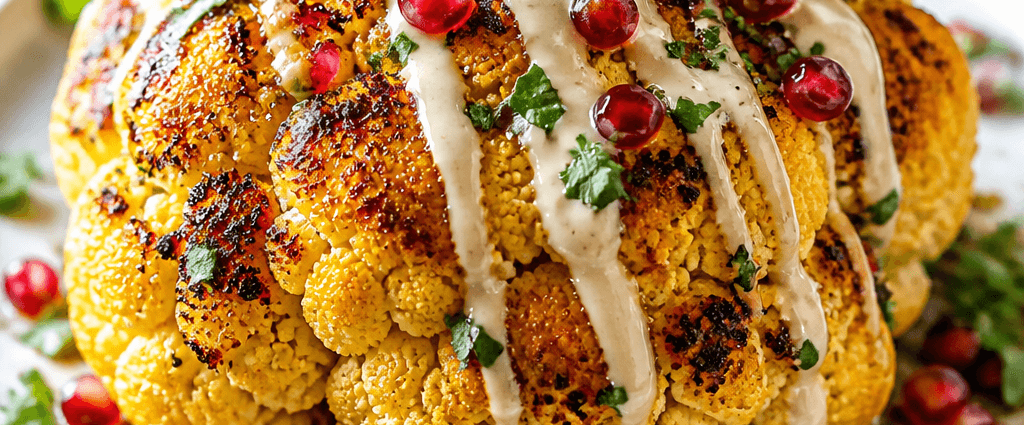 Whole Roasted Cauliflower with Pomegranate and Creamy Tahini Sauce