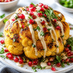 Whole Roasted Cauliflower with Pomegranate and Creamy Tahini Sauce