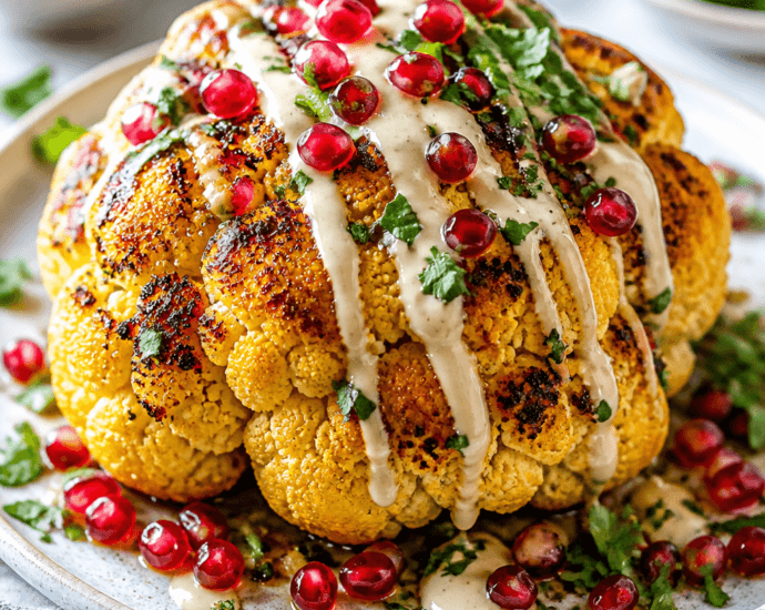 Whole Roasted Cauliflower with Pomegranate and Creamy Tahini Sauce