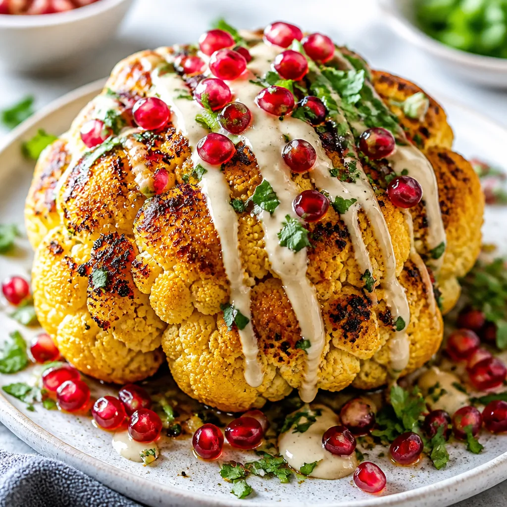 Whole Roasted Cauliflower with Pomegranate and Creamy Tahini Sauce