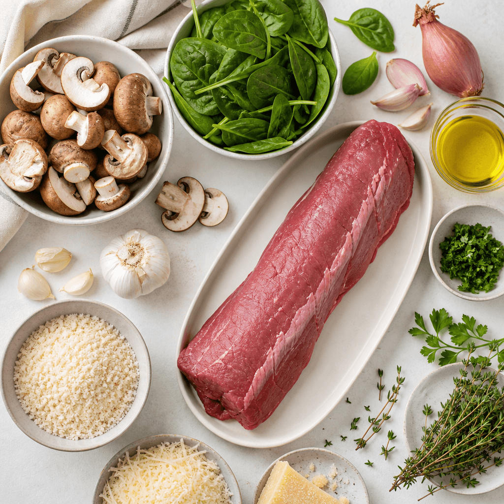 Mushroom and Spinach Stuffed Beef Tenderloin ingredients