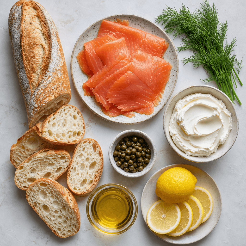 Smoked Salmon Crostini with Creamy Dill Spread ingredients