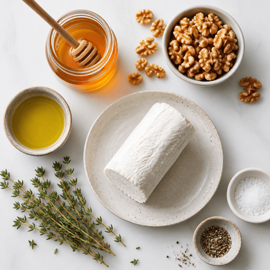 Warm Baked Goat Cheese with Honey and Walnuts ingredients