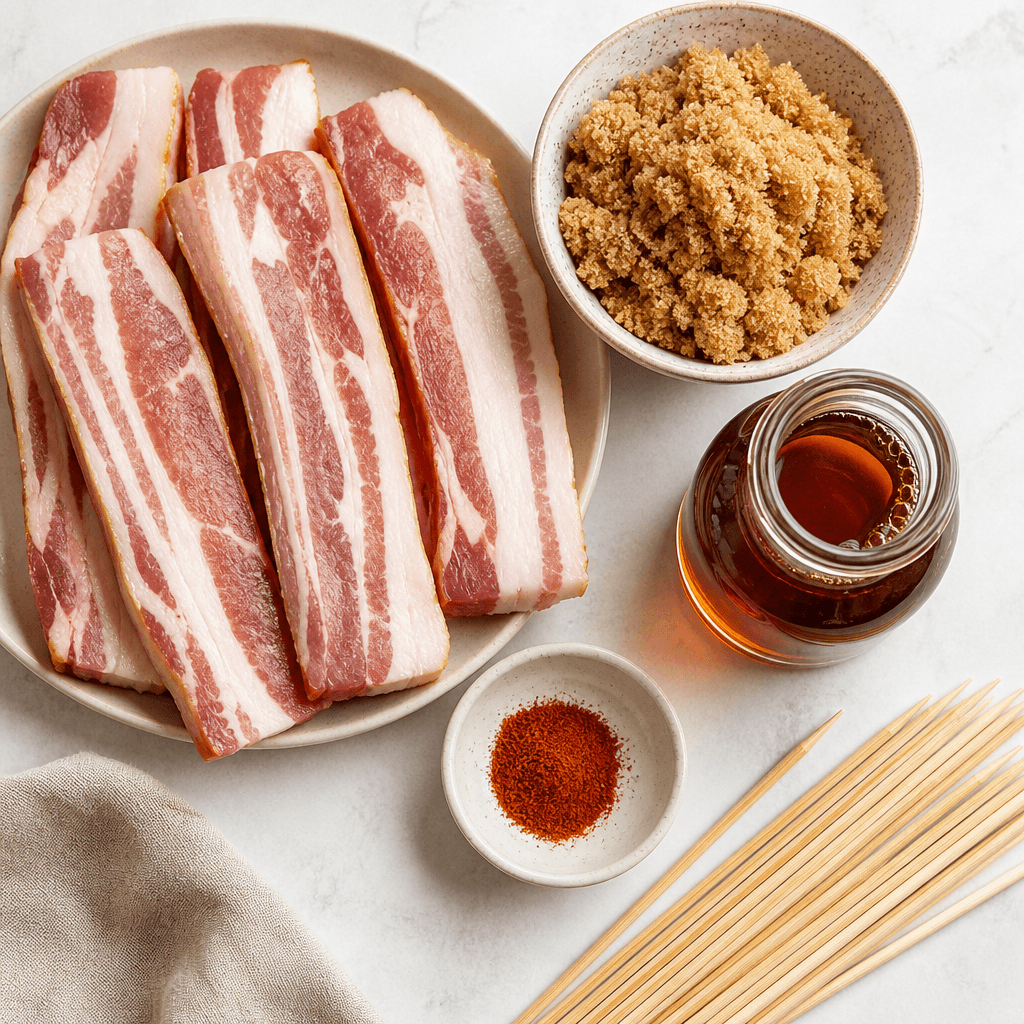 Sweet and Savory Candied Bacon Skewers ingredients