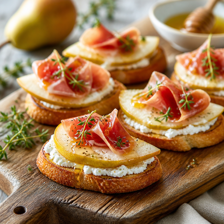 Pear Crostini with Prosciutto and Goat Cheese