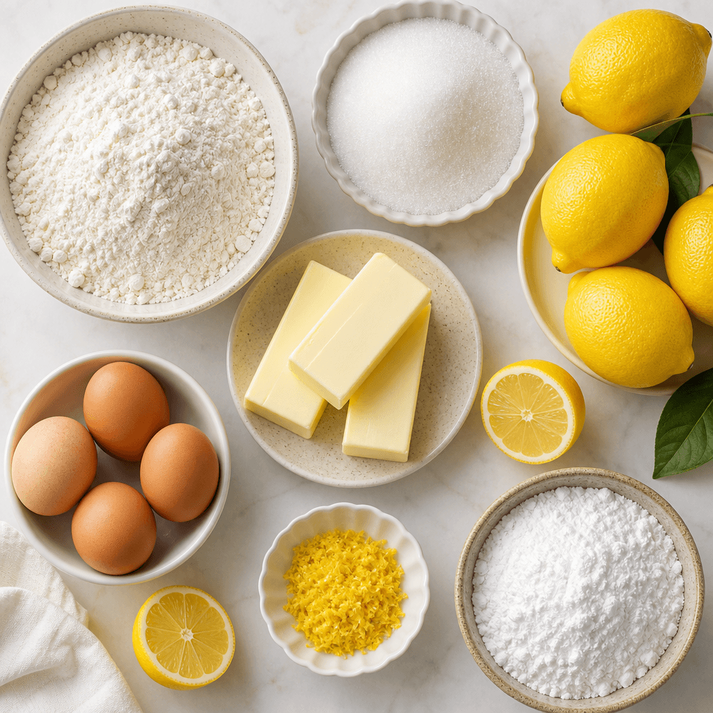 Bright and Buttery Lemon Bars with Powdered Sugar ingredients