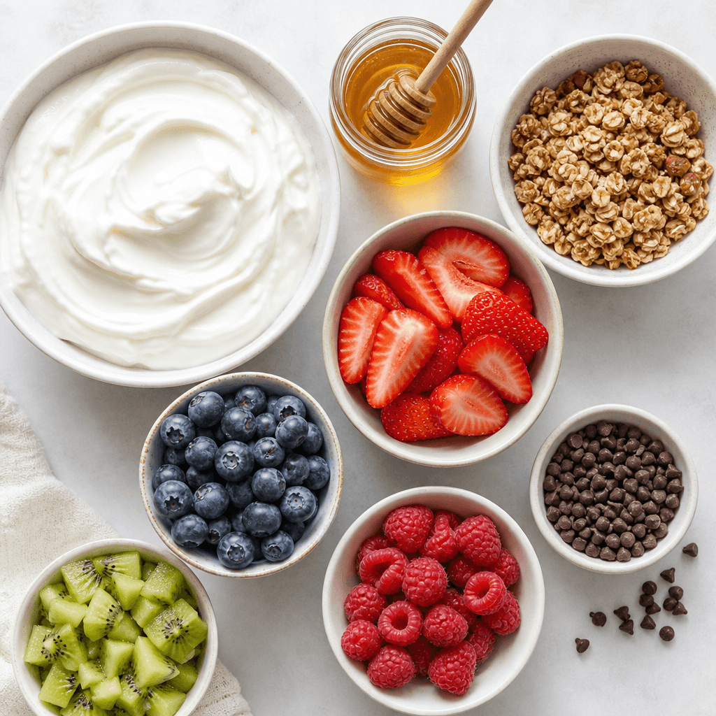 Frozen Yogurt Bark with Fruit & Granola ingredients