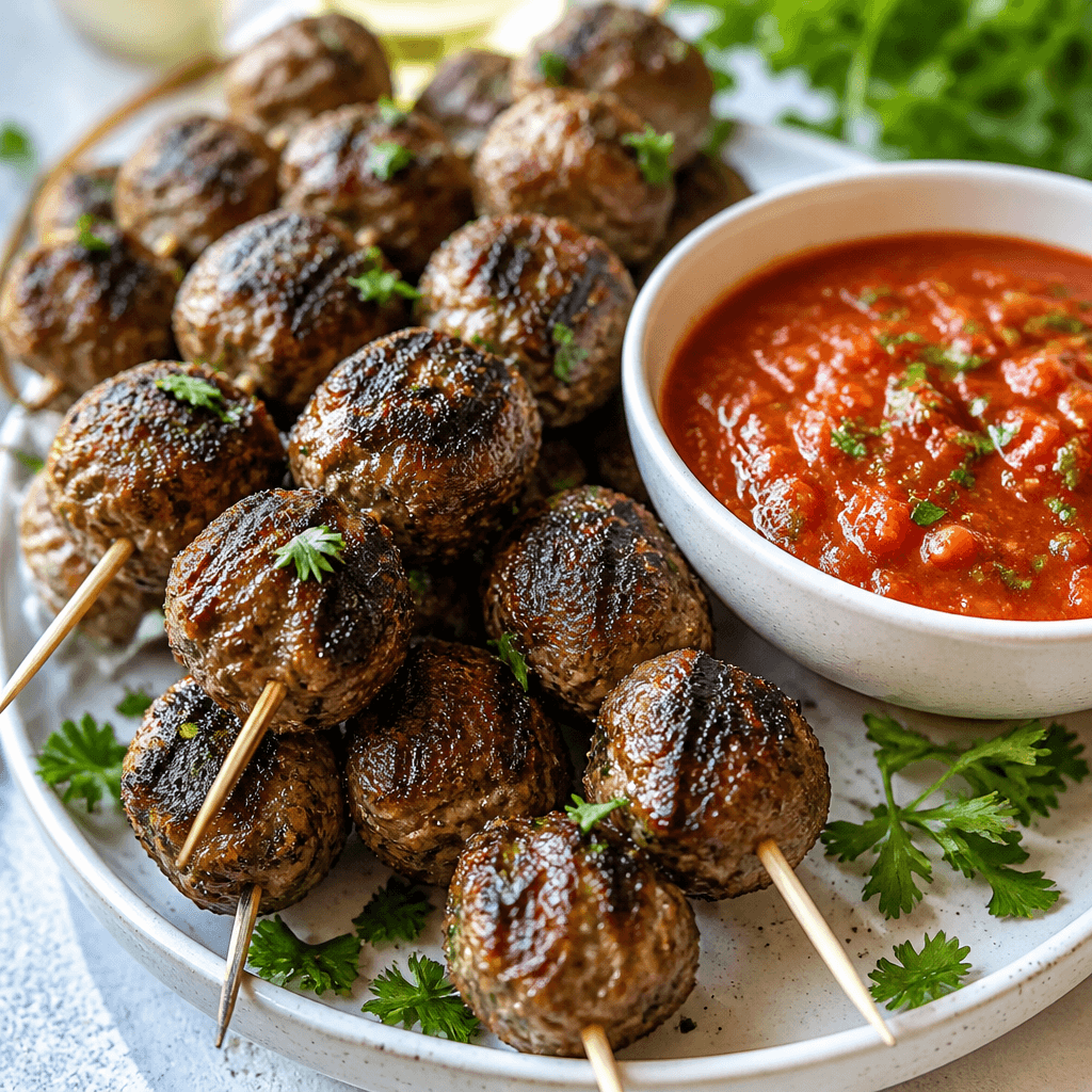 Grilled Meatball Skewers with Marinara Dip