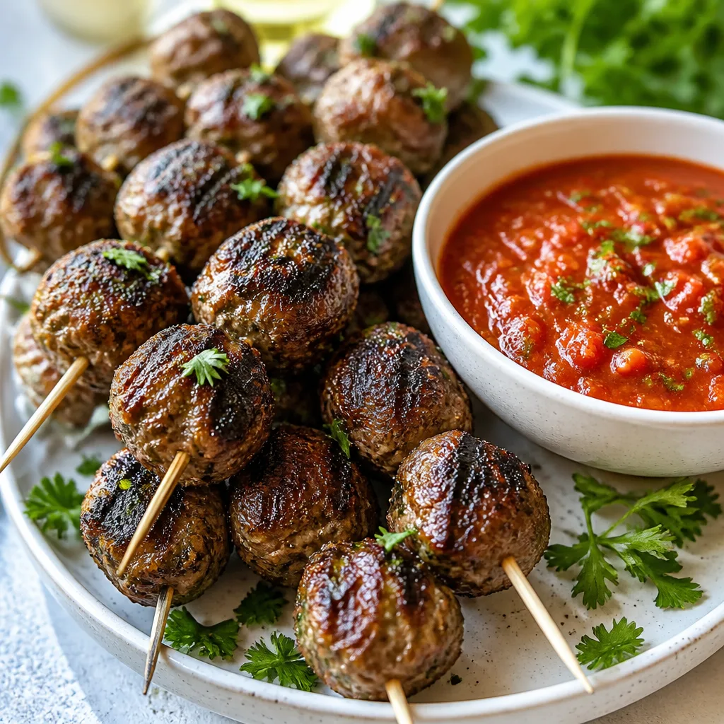 Grilled Meatball Skewers with Marinara Dip