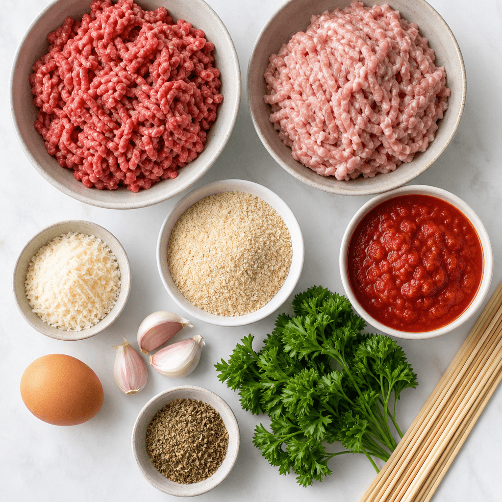 Grilled Meatball Skewers with Marinara Dip ingredients