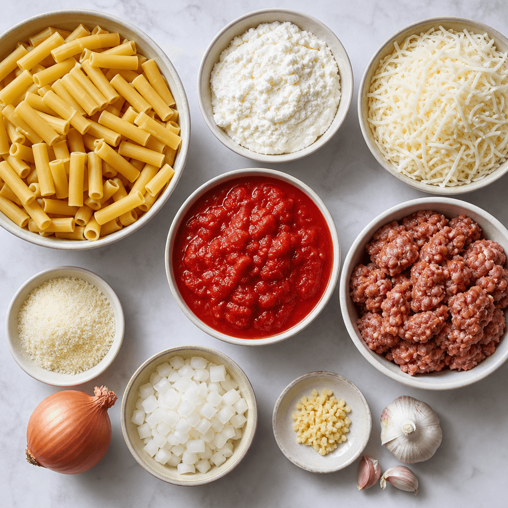 Three Cheese Baked Ziti ingredients