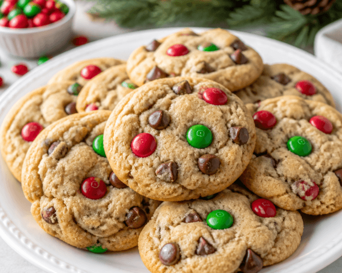 Festive Chocolate Chip Christmas Cookies with Red and Green M&Ms