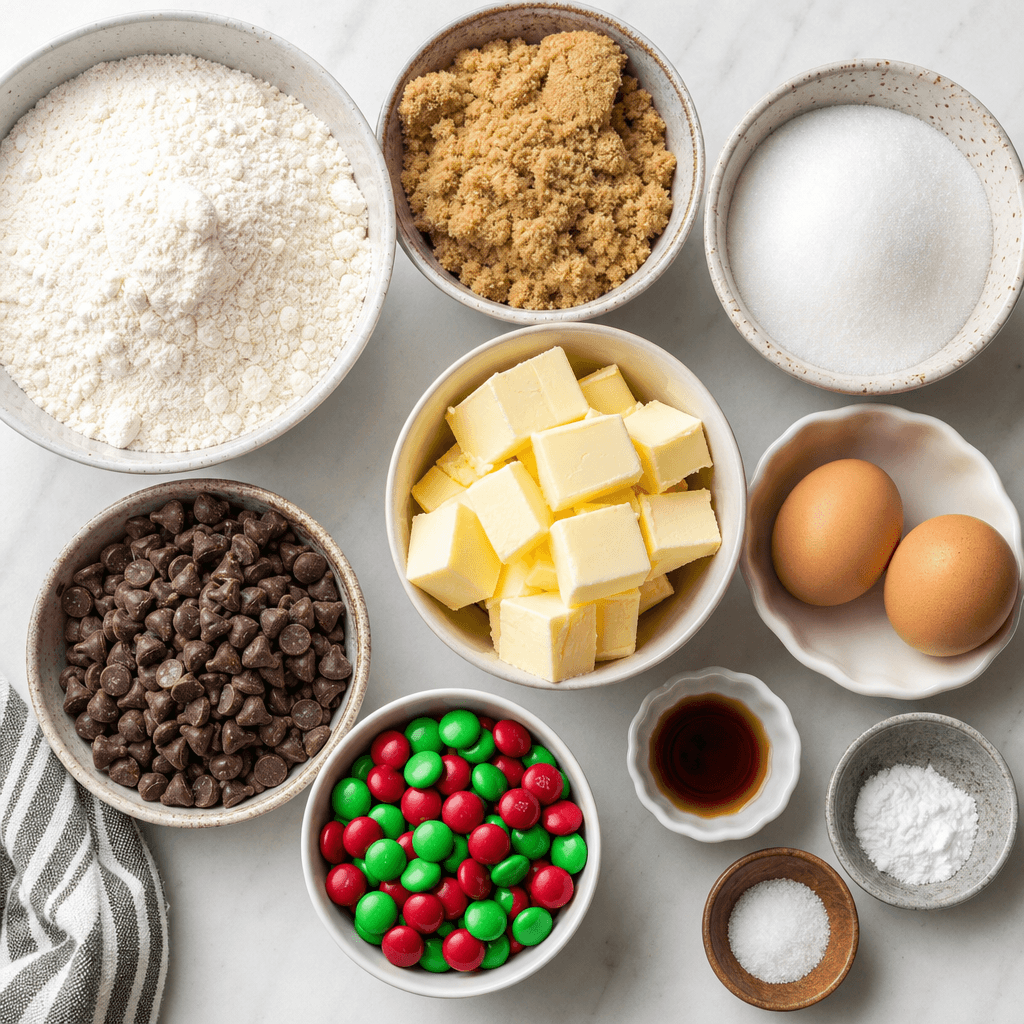 Chocolate Chip Christmas Cookies with Red and Green M&Ms ingredients