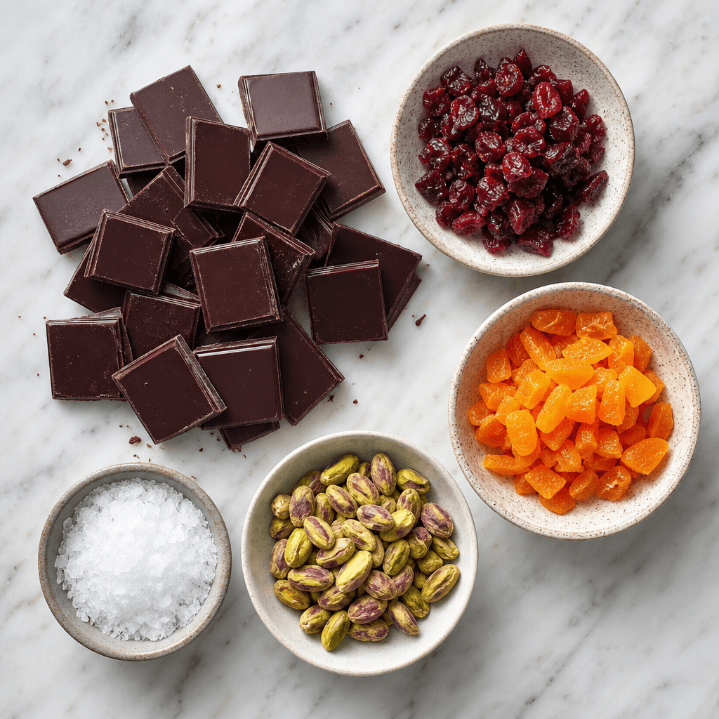 Dark Chocolate Sea Salt Bark with Dried Fruit (Easy No-Bake Recipe) ingredients